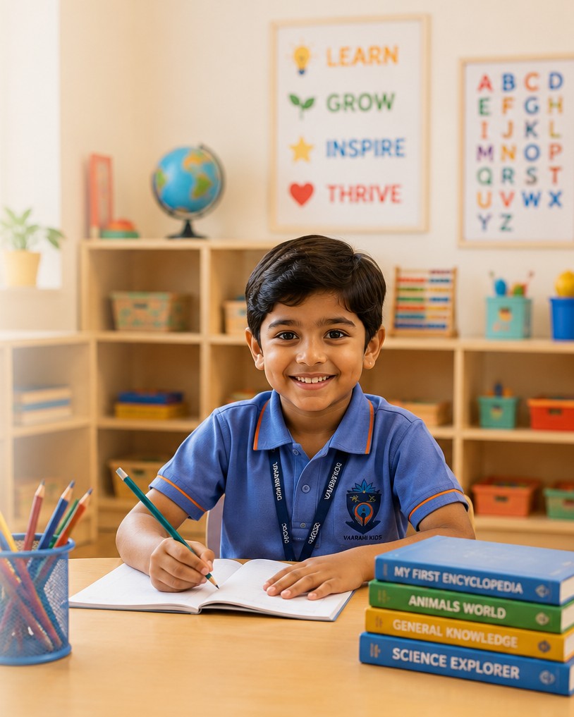 A smiling Vaarahi Kids student in uniform sitting at a desk with books and coloured pencils