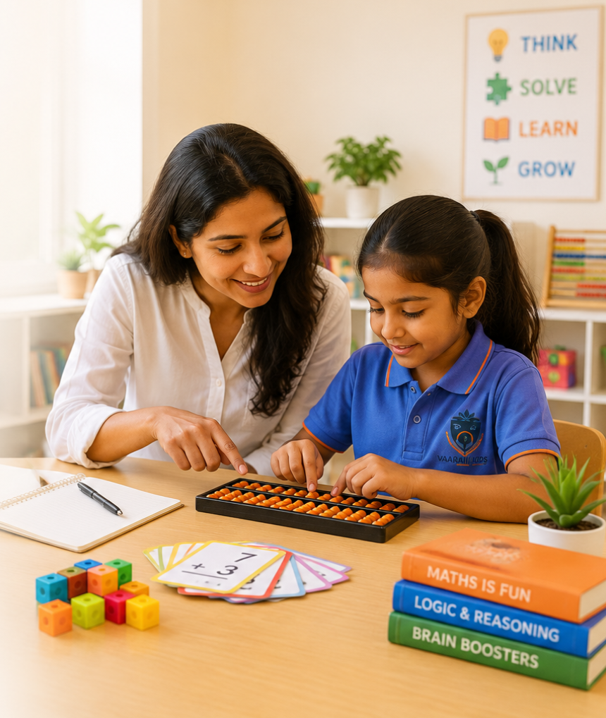 A teacher guiding a Vaarahi Kids student through abacus practice with maths books and flashcards