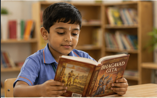 A young student reading the Bhagavad Gita at a wooden desk in the school library