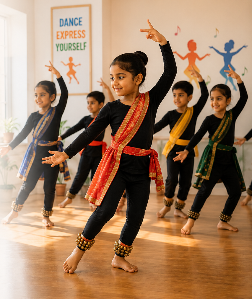 Young dancers in colourful sashes practising classical dance in a bright studio