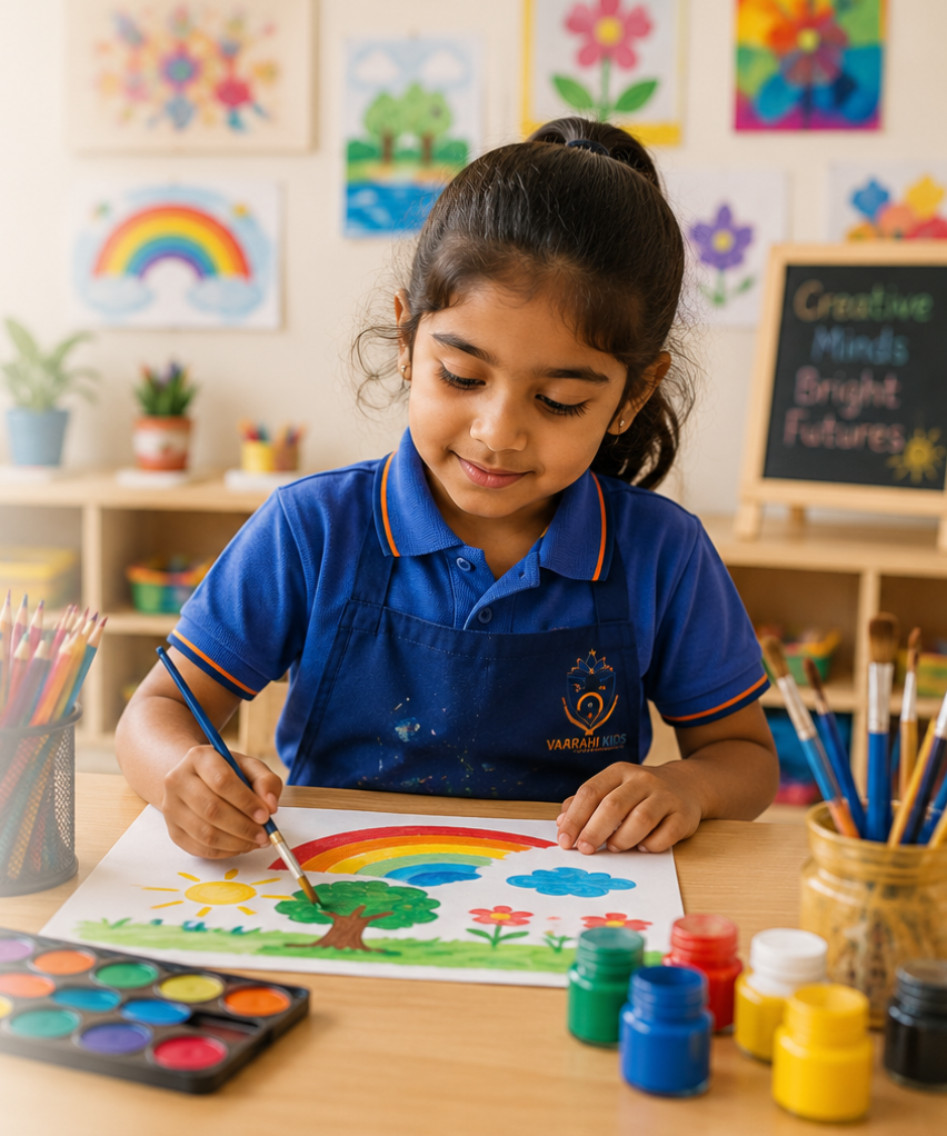 A Vaarahi Kids student painting a colourful rainbow scene in the art studio