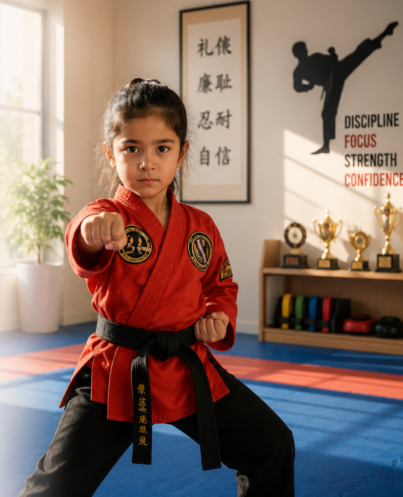 A young student in a red martial arts uniform practising a focused punch in the dojo
