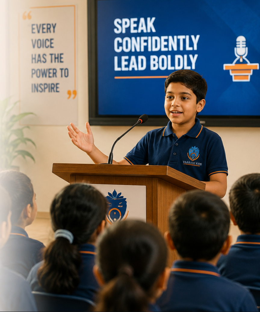 A Vaarahi Kids student speaking confidently at a podium before classmates