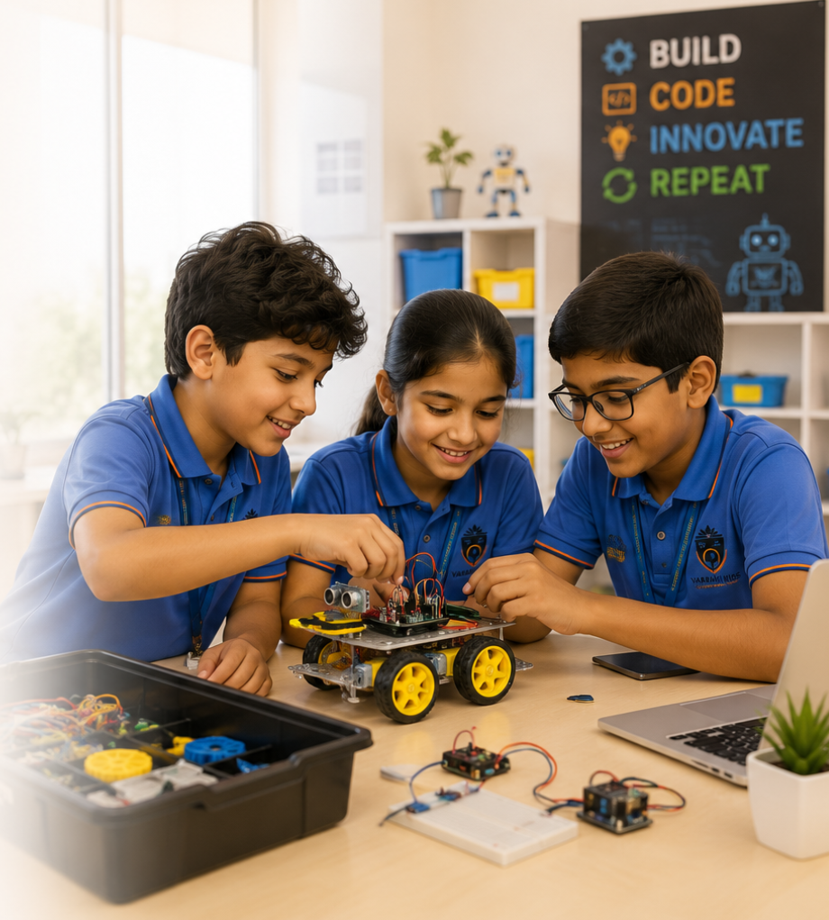 Three Vaarahi Kids students building a wheeled robot with circuits and tools