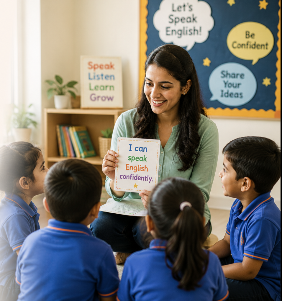 A teacher holding a flashcard while students practise spoken English on the classroom floor