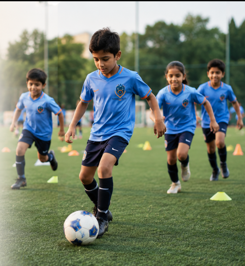 Children in blue and orange kits playing football on the school turf field