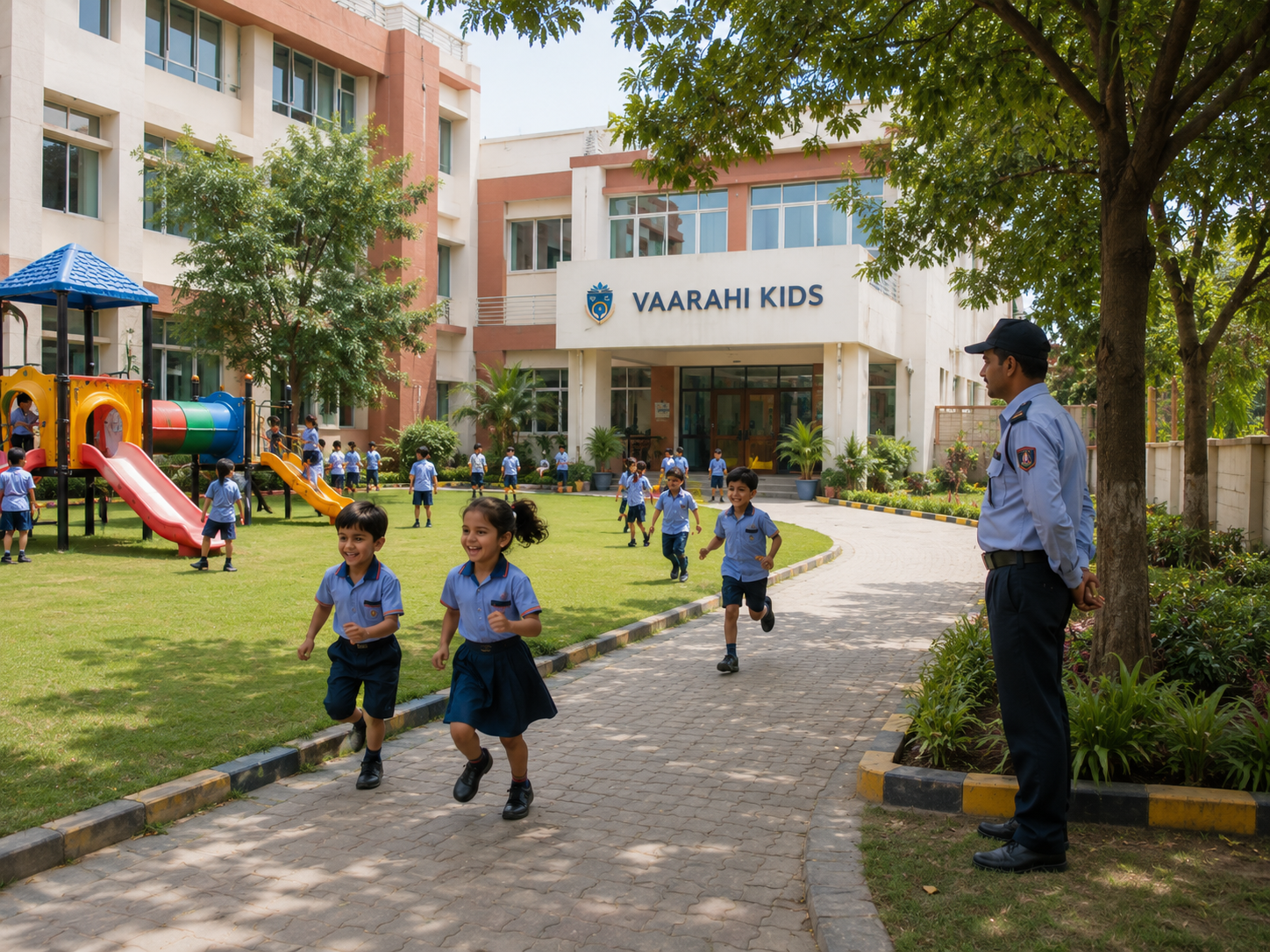 Children playing on the Vaarahi Kids campus grounds while a security guard watches nearby