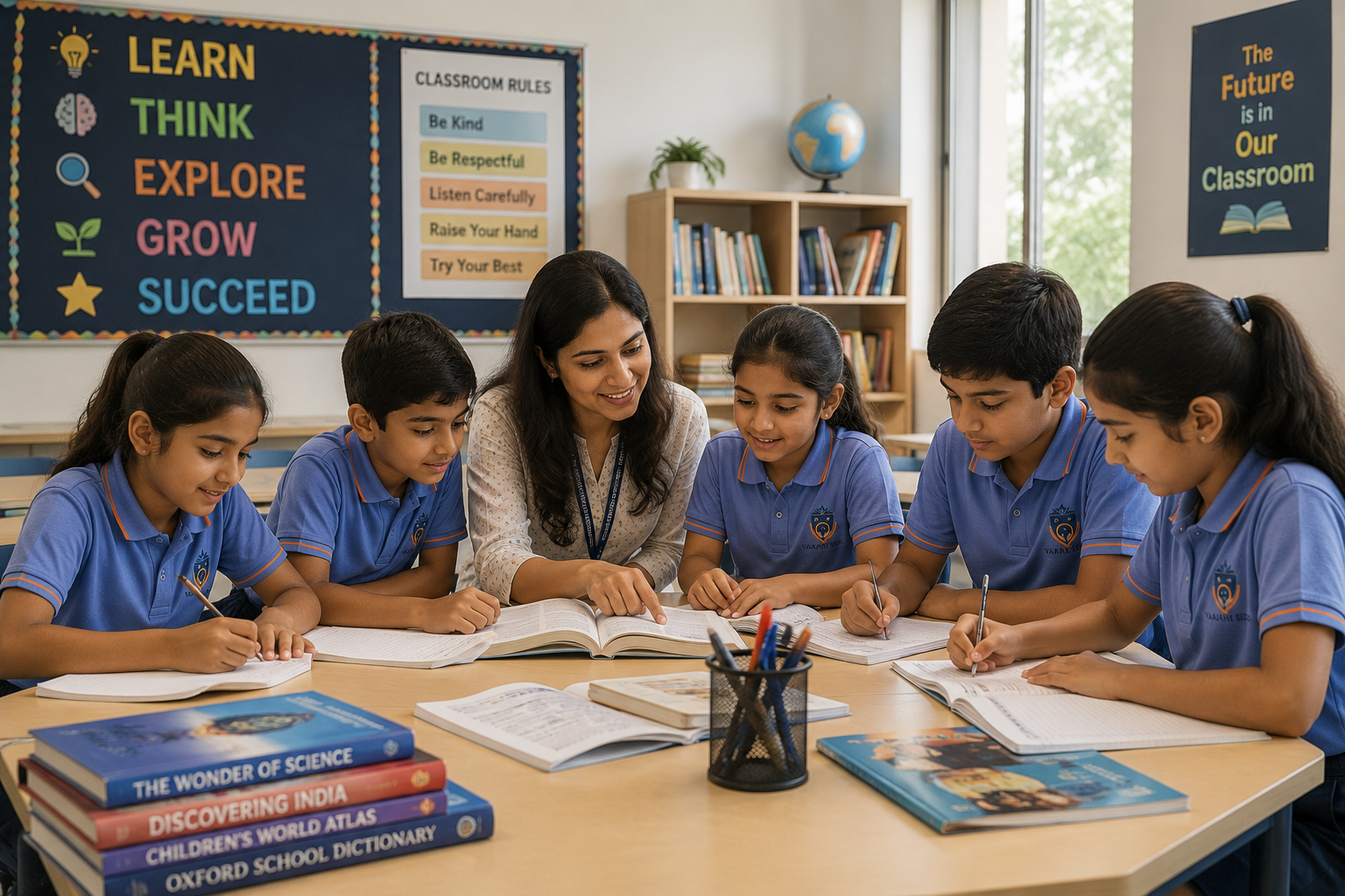 A teacher and Grade I–VII students studying together from an open textbook in a bright classroom