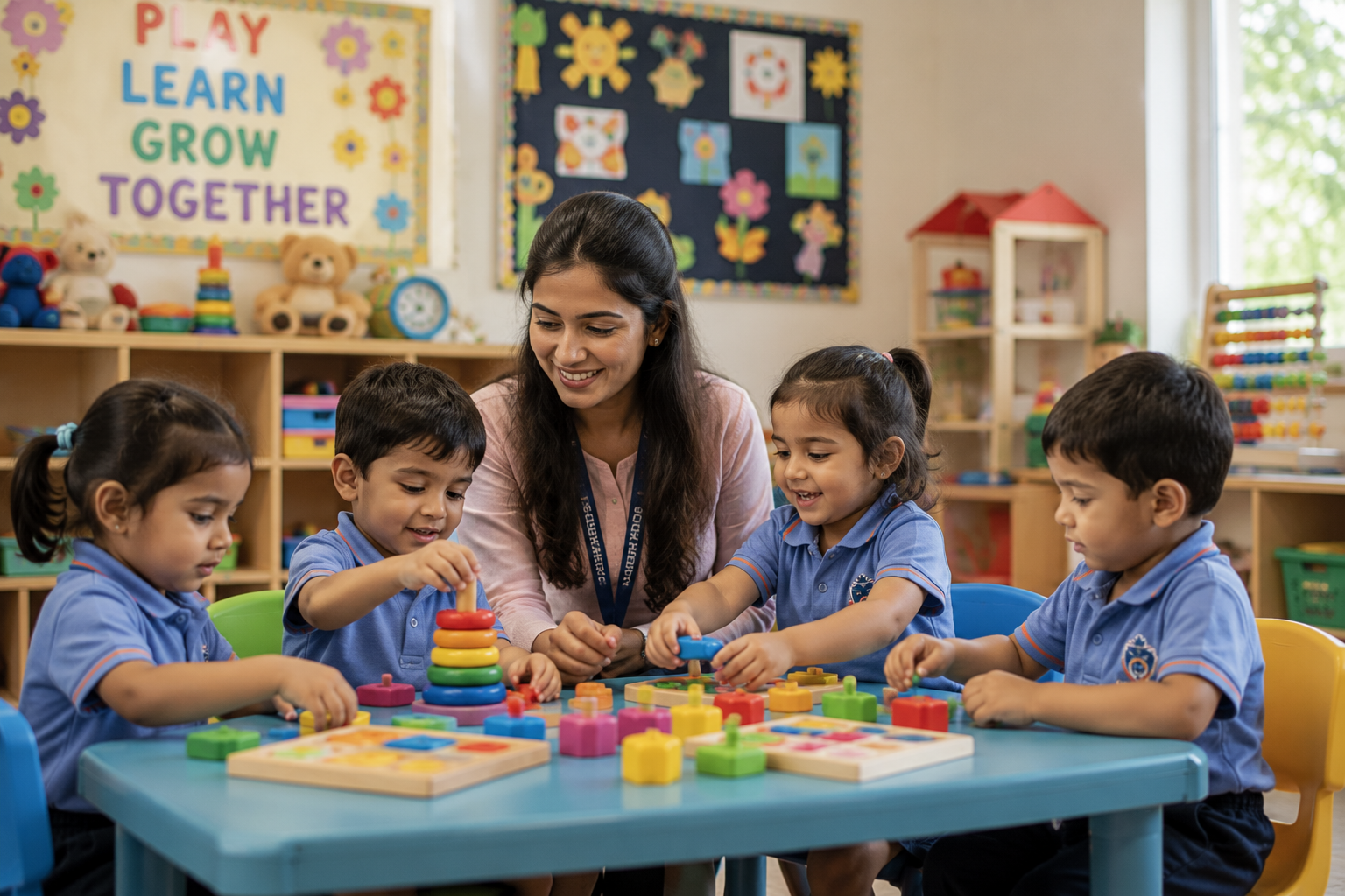 A teacher and four Playgroup children exploring colourful wooden toys at a classroom table