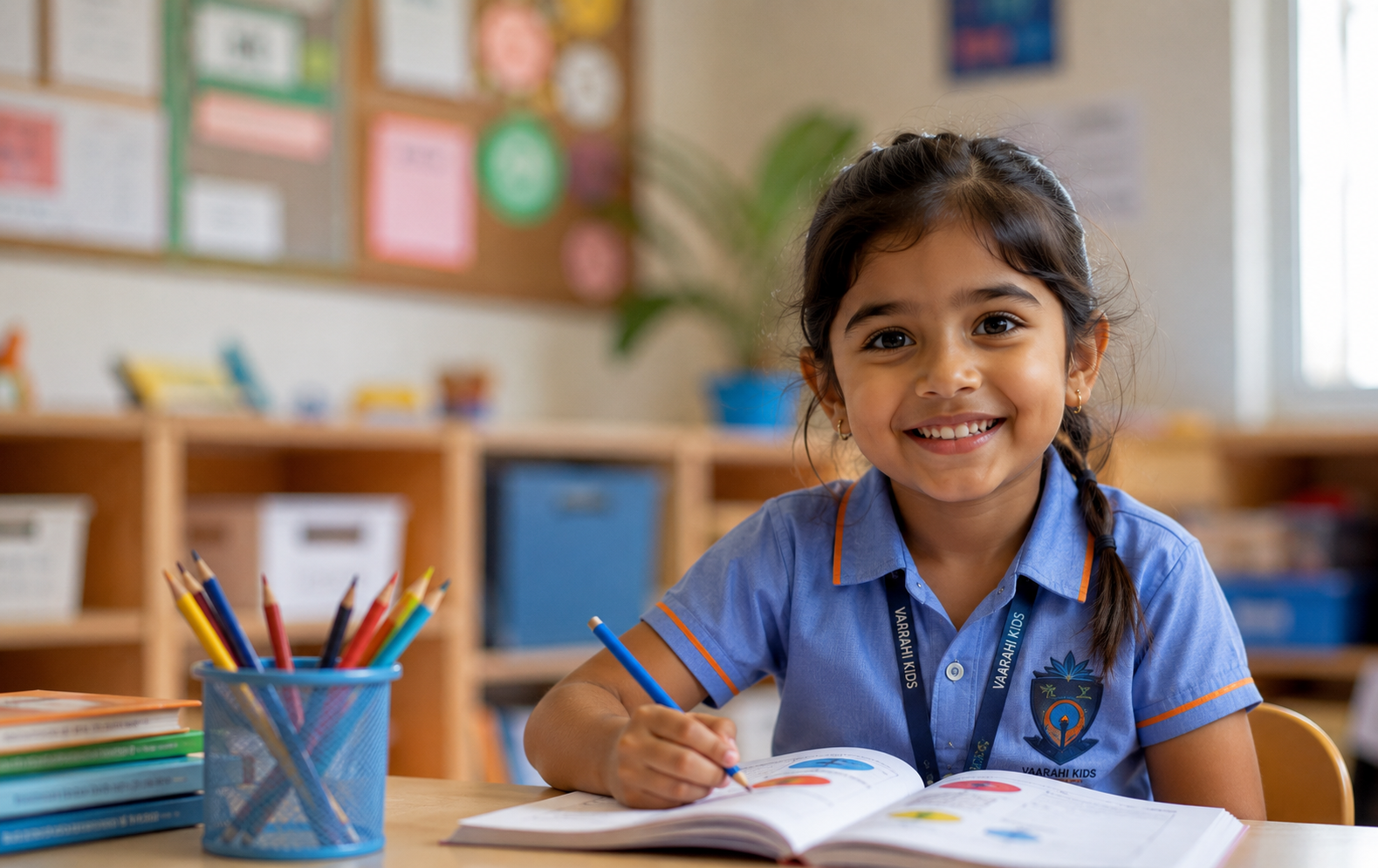 A smiling Vaarahi Kids student in uniform writing in a workbook at her classroom desk