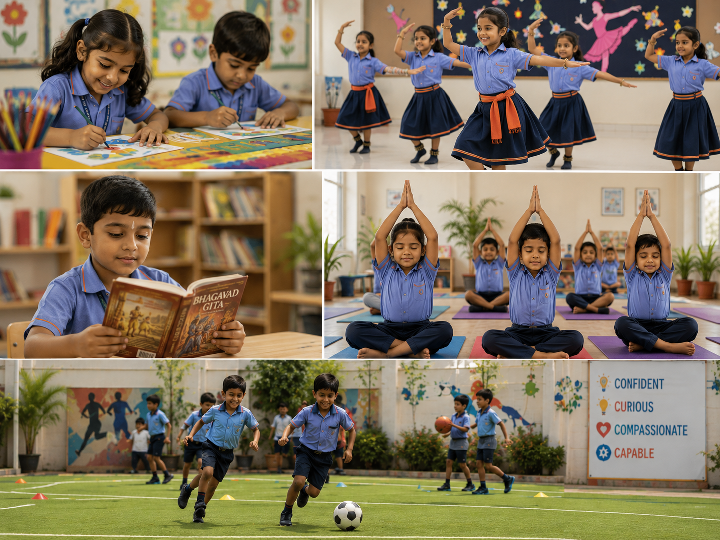 Vaarahi Kids students engaged in art, dance, reading, yoga, and sports across campus