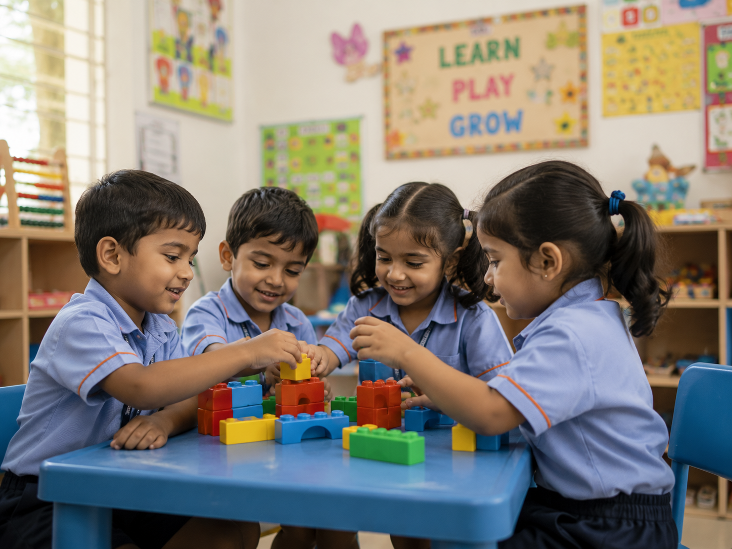 Four young Vaarahi Kids students smiling while building with colourful blocks at a classroom table