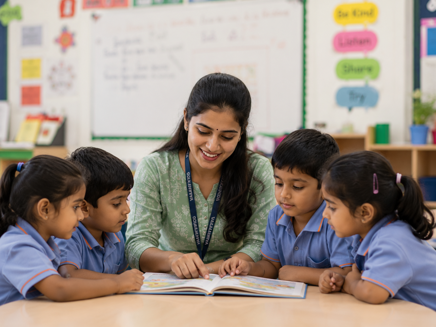 A Vaarahi Kids teacher guiding four students as they read a book together in class